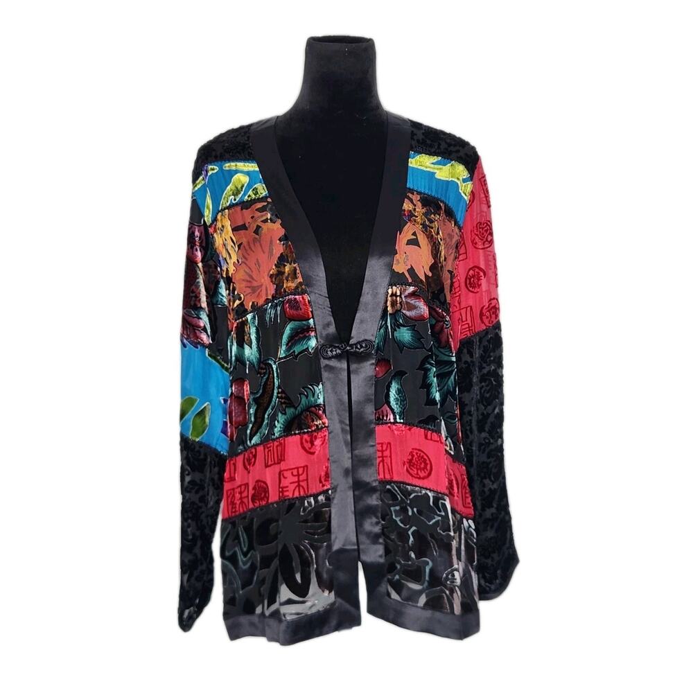 Chicos Patchwork Kimono Jacket Silk Blend Velvet Burnout Art To Wear Size 2 / L